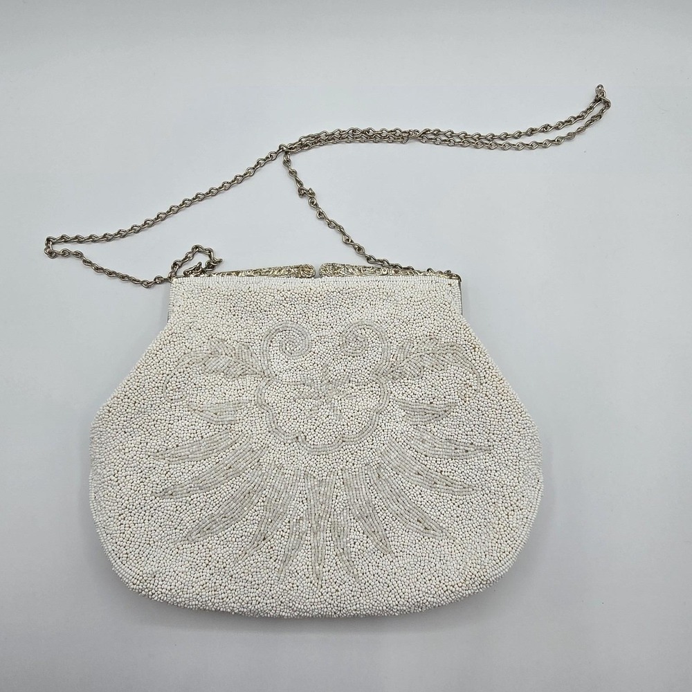 1960s Vtg White Beaded Evening Purse Clutch Hand Bag Accent Hong Kong